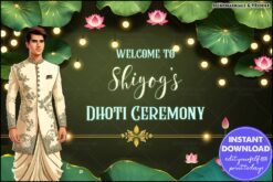Lotus Plant-Themed Dhoti Ceremony Banner/Poster with Warm String Lights and Green Background
