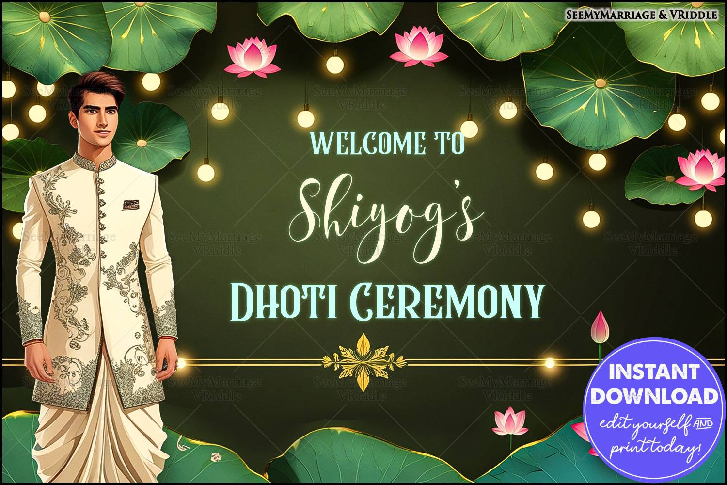 Lotus Plant-Themed Dhoti Ceremony BannerPoster with Warm String Lights and Green Background