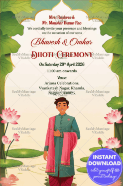 Lotus-Themed Dhoti Ceremony Invitation with Green Leaves and Boy Illustration