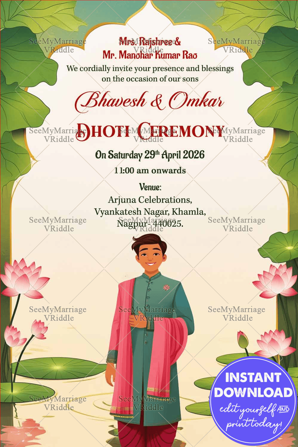 Lotus-Themed Dhoti Ceremony Invitation with Green Leaves and Boy Illustration