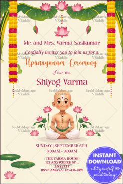 Lotus-Themed Upanayanam Invitation with Marigold Garlands, Green Leaf Decor and Boy Illustration
