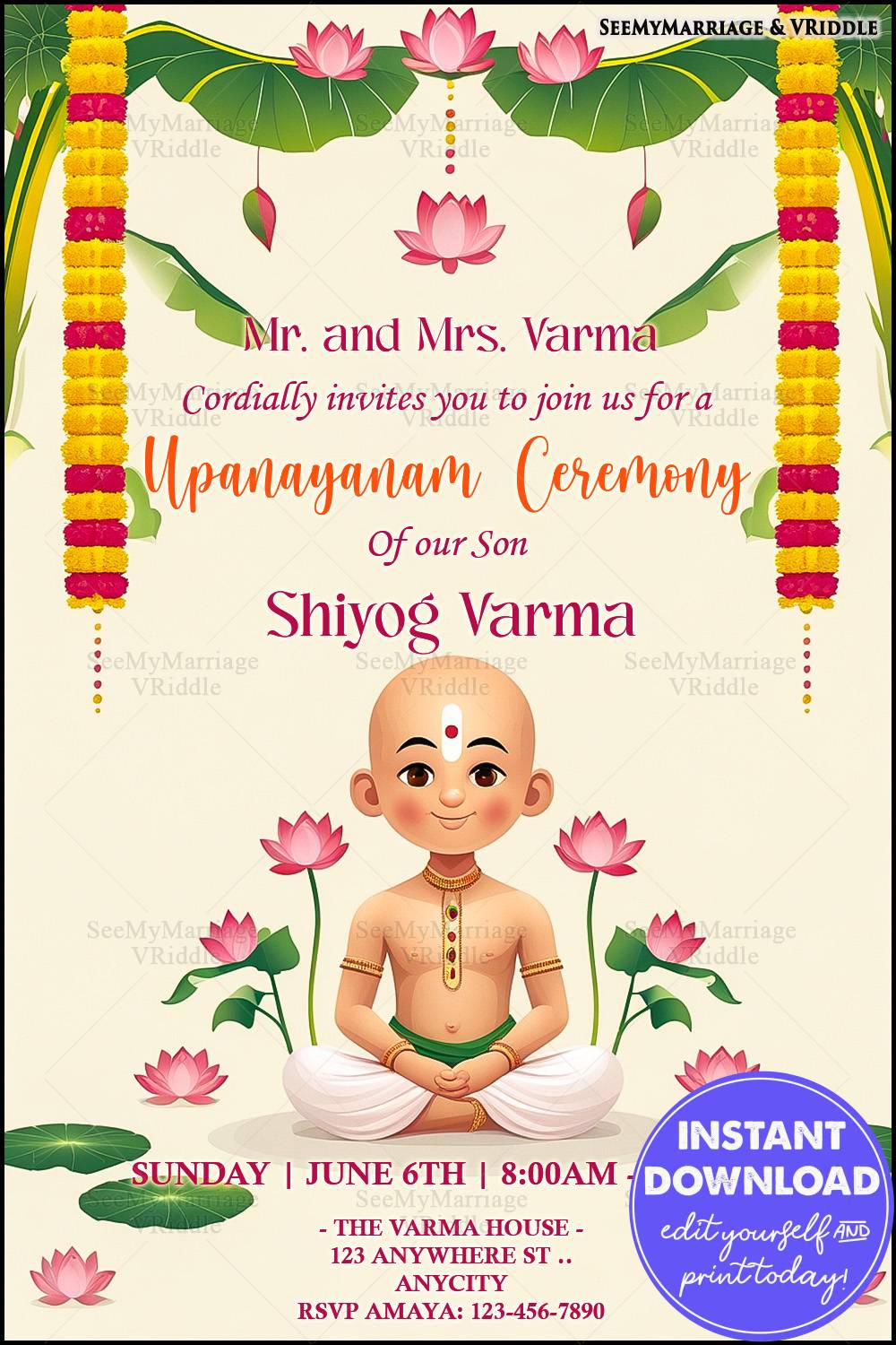 Lotus-Themed Upanayanam Invitation with Marigold Garlands, Green Leaf Decor and Boy Illustration