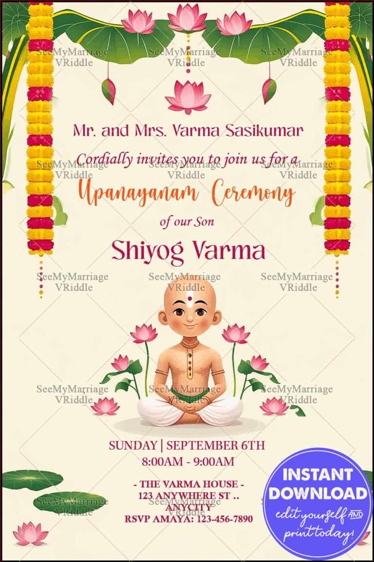 Lotus-Themed Upanayanam Invitation with Marigold Garlands, Green Leaf Decor and Boy Illustration