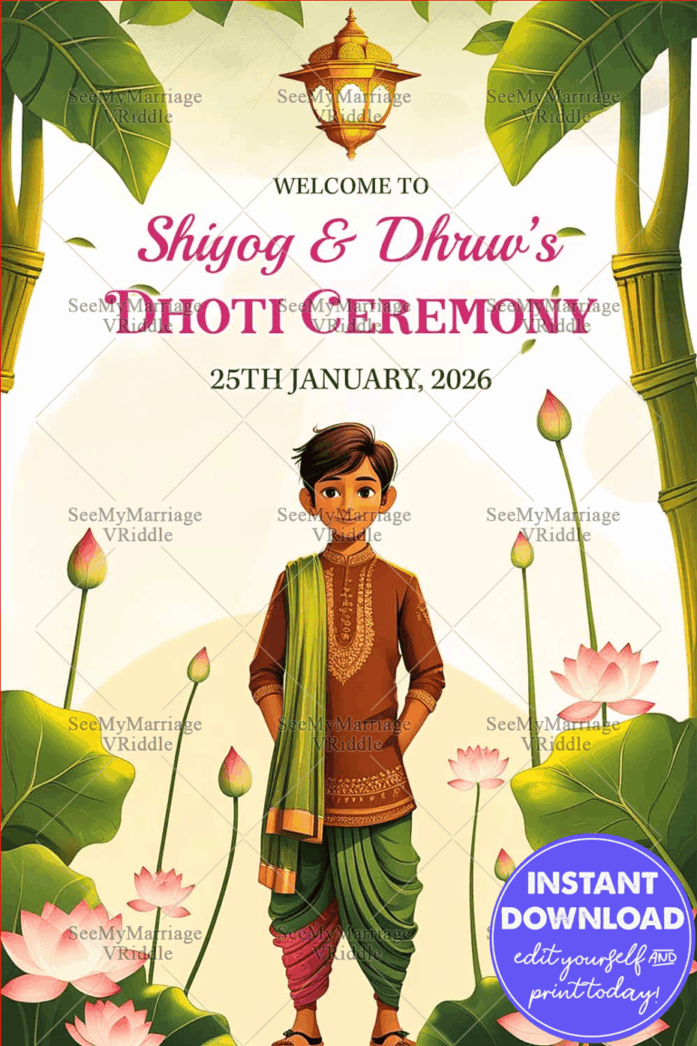 Lotus and Lantern-Themed Dhoti Ceremony Welcome Banner/Poster with Traditional Banana Leaf Motifs
