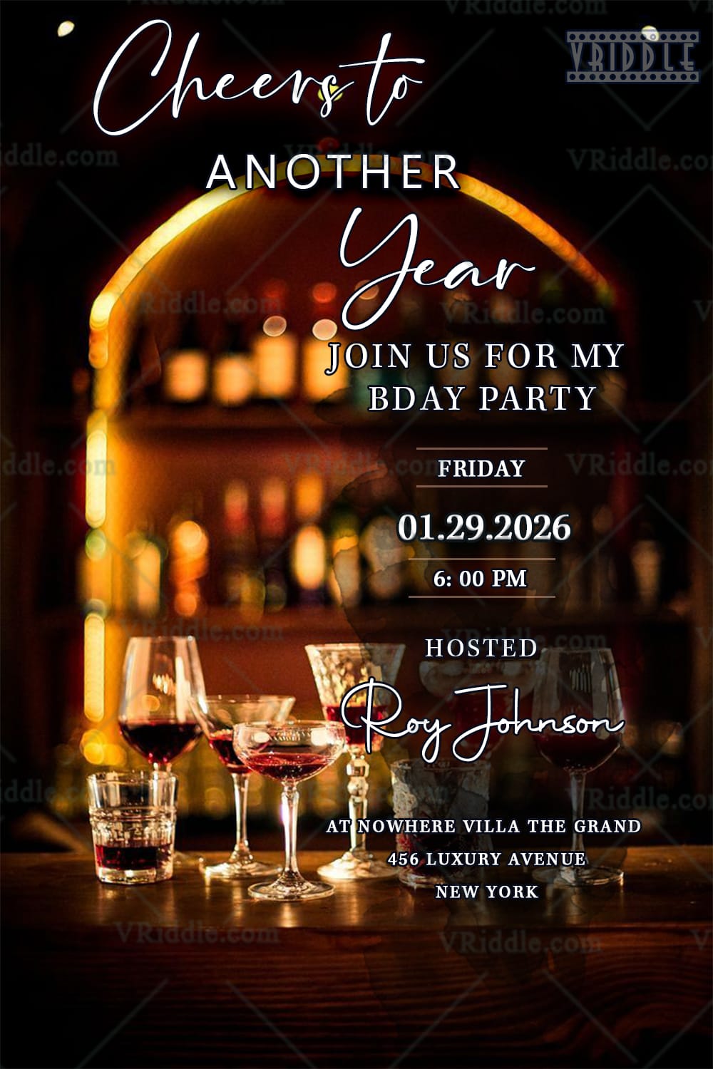 Luxurious Birthday Invitation Design with Stylish Wine & Bar-Themed