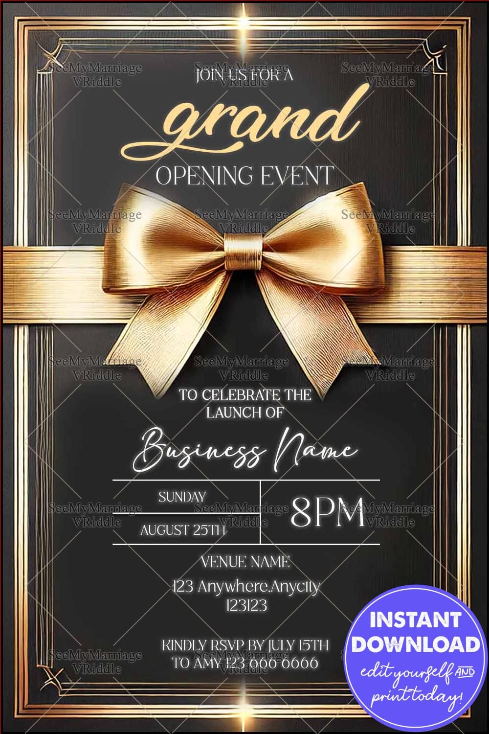 Luxurious Black and Gold Grand Opening Invitation with Bold Ribbon and Sophisticated Design