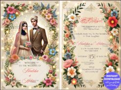 Luxurious Floral Islamic Wedding Invitation with Golden Accents and Illustrated Bride and Groom