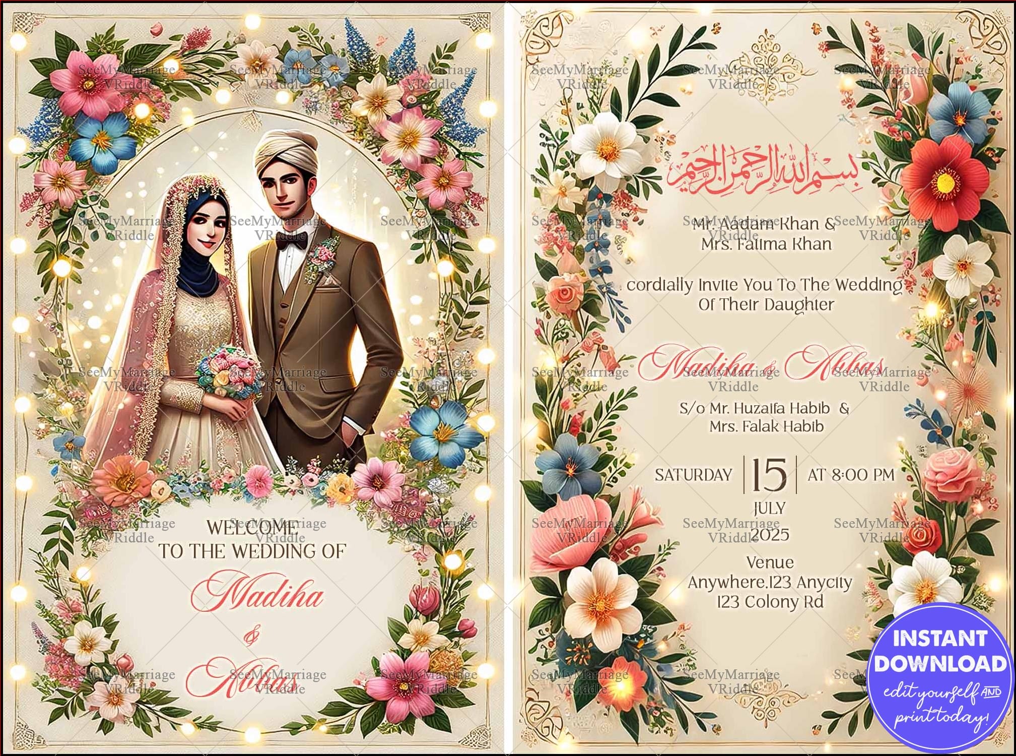 Luxurious Floral Islamic Wedding Invitation with Golden Accents and Illustrated Bride and Groom
