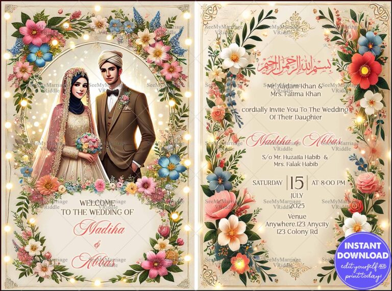 Luxurious Floral Islamic Wedding Invitation with Golden Accents and Illustrated Bride and Groom