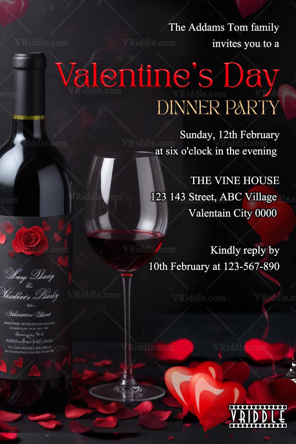 Luxury Wine-Themed Valentine's Day Invitation with Dinner Party & Romantic Dark Elegance
