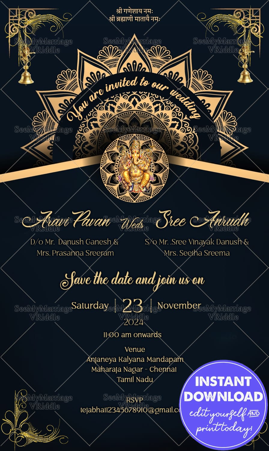 Mandala-Themed Wedding Invitation Card with QR Code and Ganesh Design