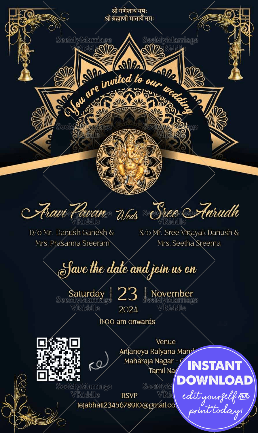 Mandala-Themed Wedding Invitation Card with QR Code and Ganesh Design