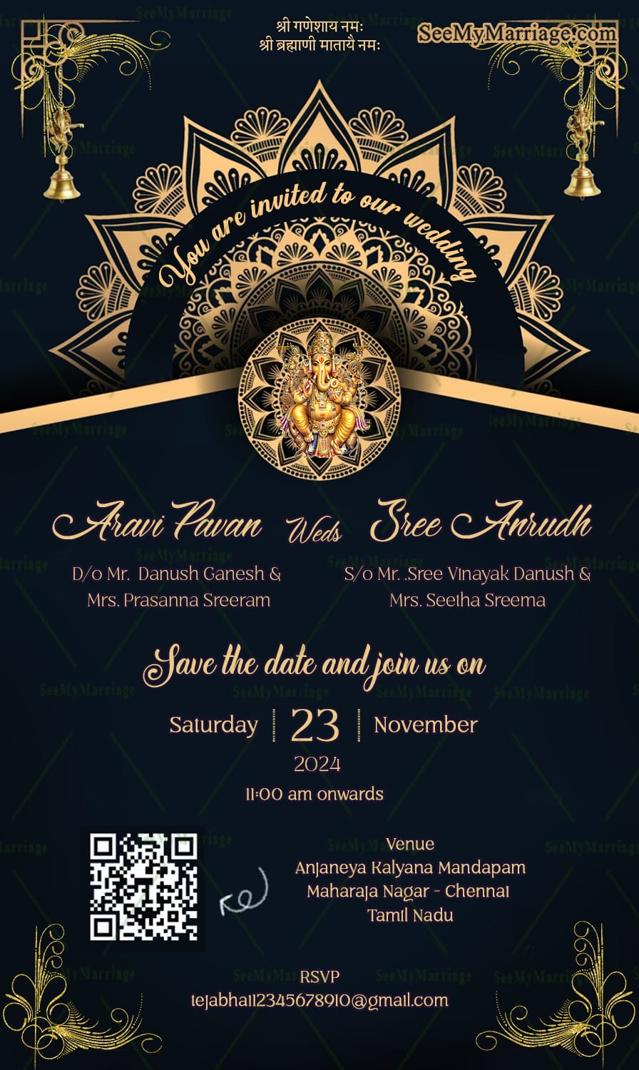Mandala-Themed Wedding Invitation Card with QR Code and Ganesh Design