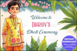 Minimalist Dhoti Ceremony Welcome Banner Poster Banana Leaves and Floral Accents