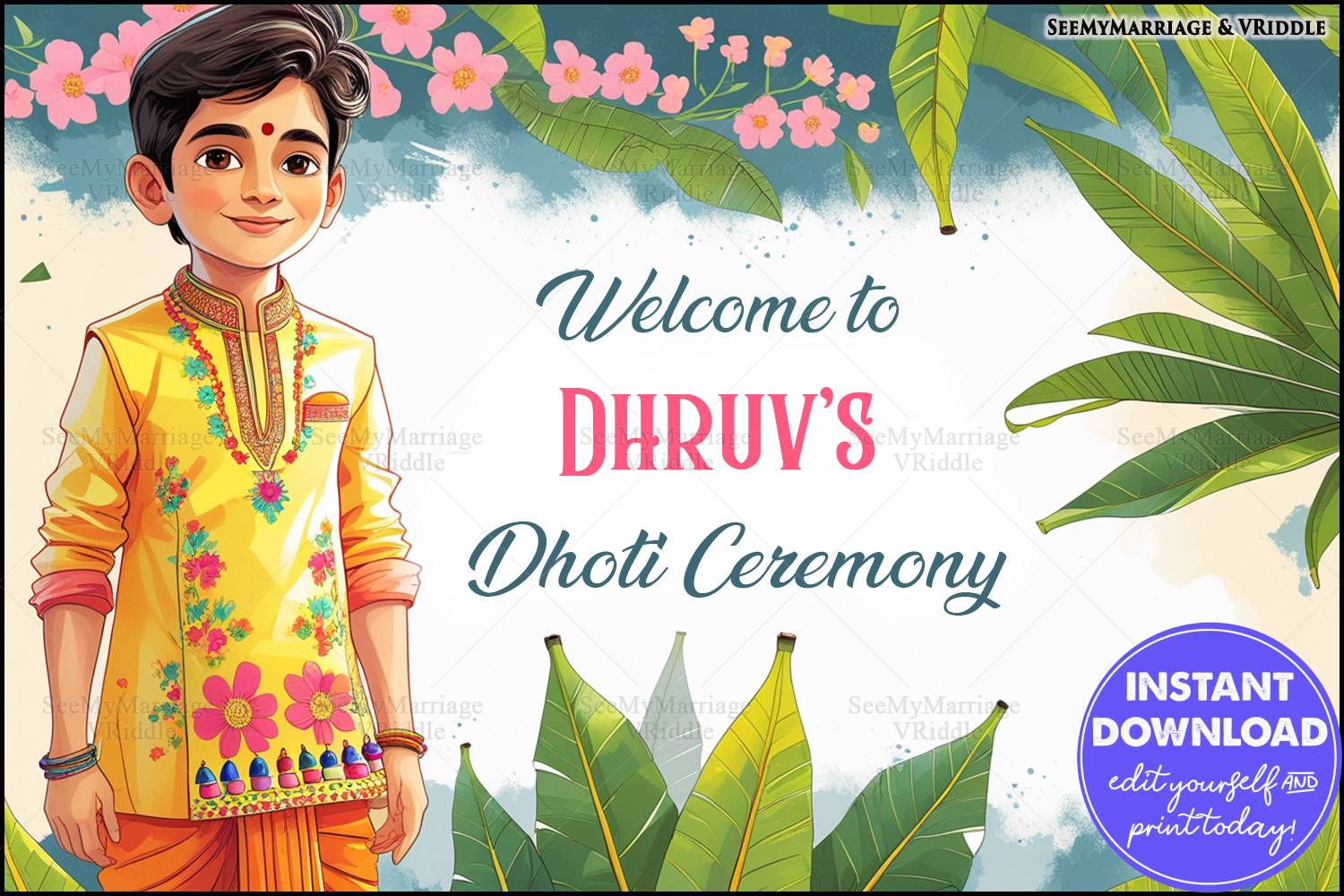 Minimalist Dhoti Ceremony Welcome BannerPoster Banana Leaves and Floral Accents