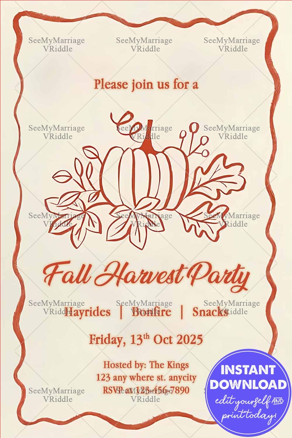 Minimalist Fall Harvest Party Invitation Featuring Pumpkin Art, Autumn Leaf Motifs and Curly Border