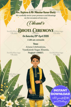 Minimalistic Dhoti Ceremony Invitation with Banana Leaves and Yellow Floral Motifs