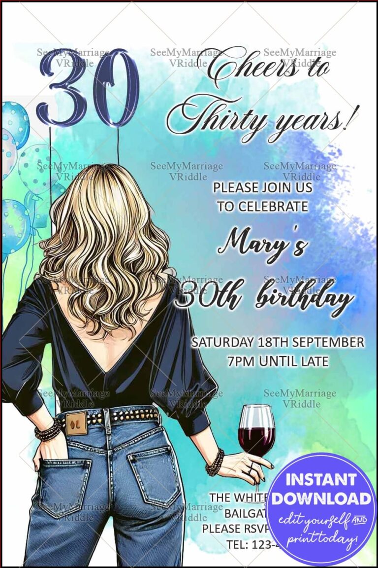 Modern Watercolor-Themed 30th Birthday Invitation Featuring Woman Casual Elegance and Blue Balloons