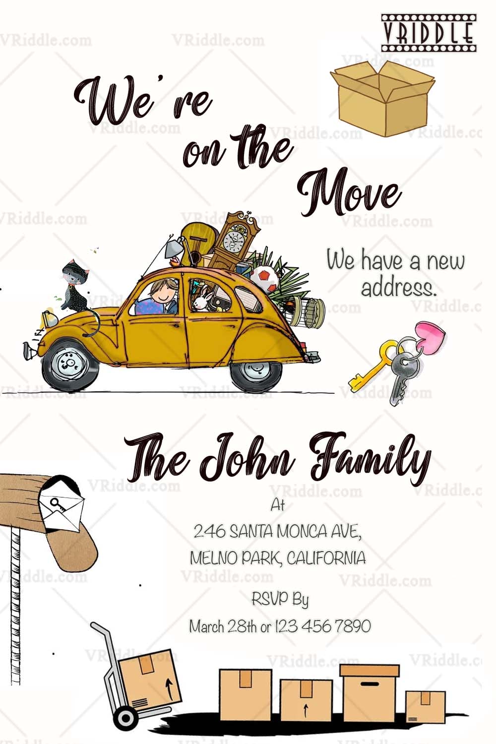 Moving Announcement Card with Fun Cartoon Family & Packed Car Theme