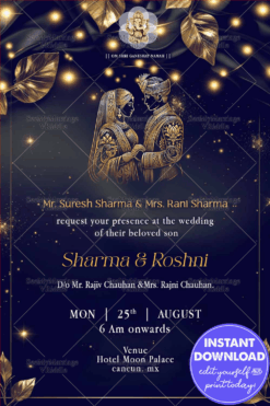 Navy Blue Themed Wedding Invitation with Golden Bride & Groom Illustration