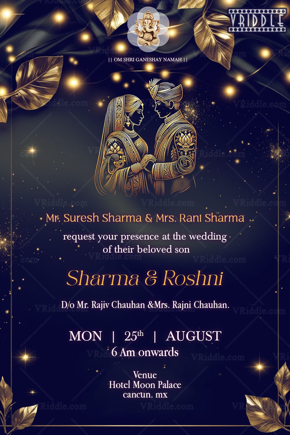Navy Blue Themed Wedding Invitation with Golden Bride & Groom Illustration