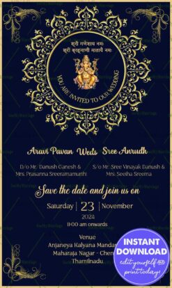 Navy and Glod Themed Wedding Invitation Card with QR Code and Ganesh Blessings