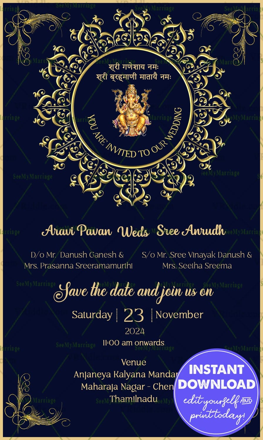 Navy and Glod Themed Wedding Invitation Card with QR Code and Ganesh Blessings