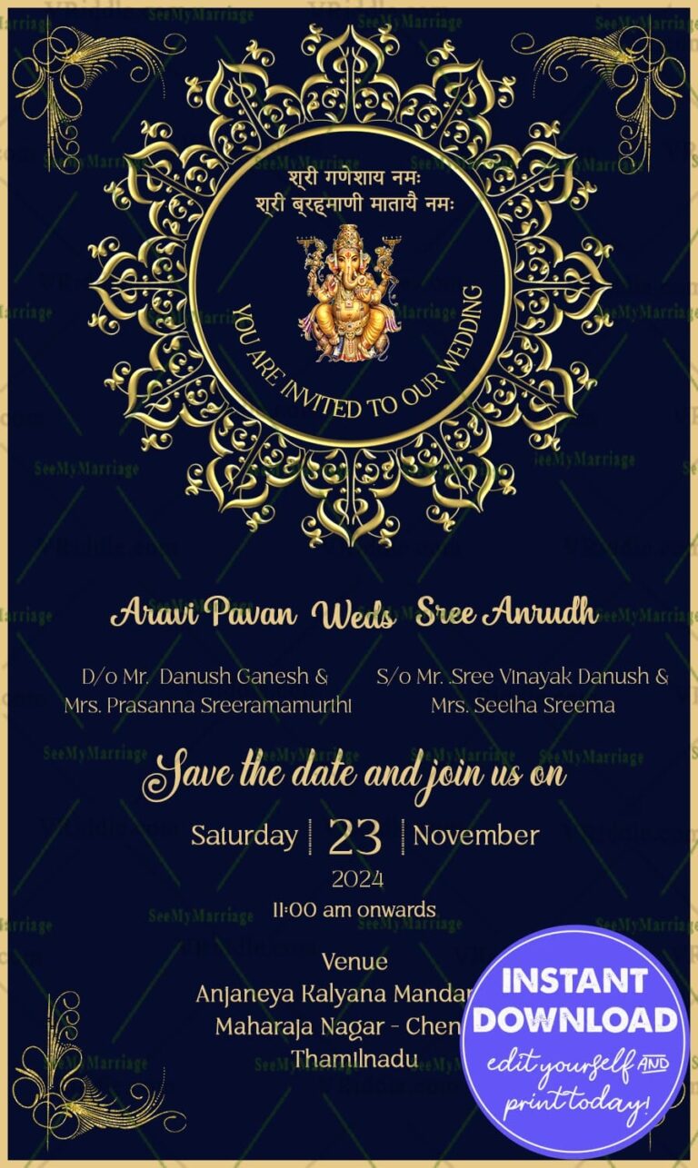 Navy and Glod Themed Wedding Invitation Card with QR Code and Ganesh Blessings