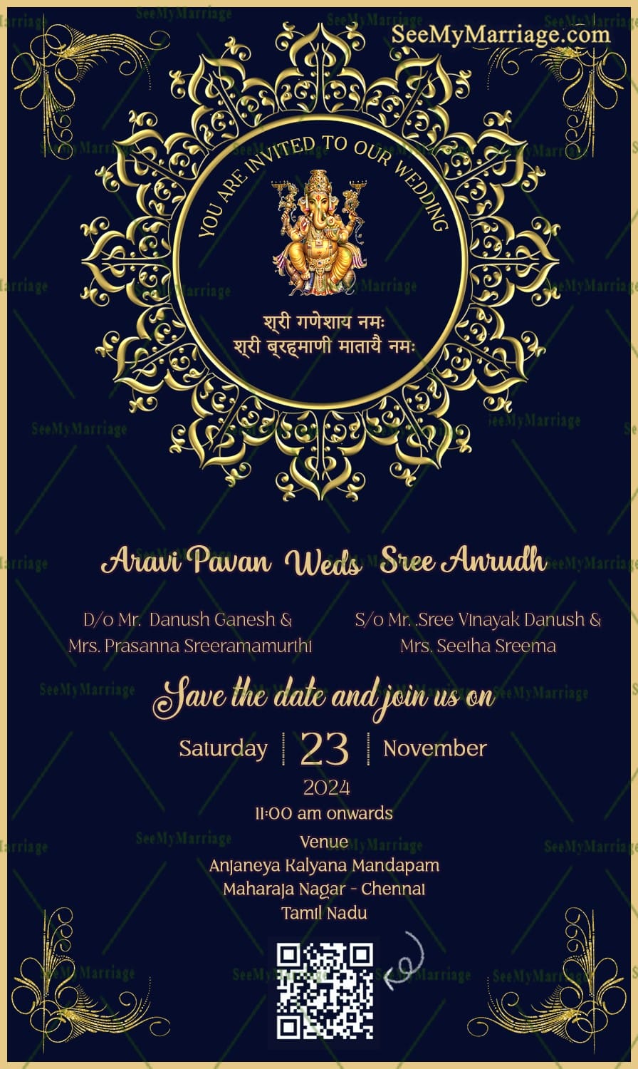 Navy and Glod Themed Wedding Invitation Card with QR Code and Ganesh Blessings