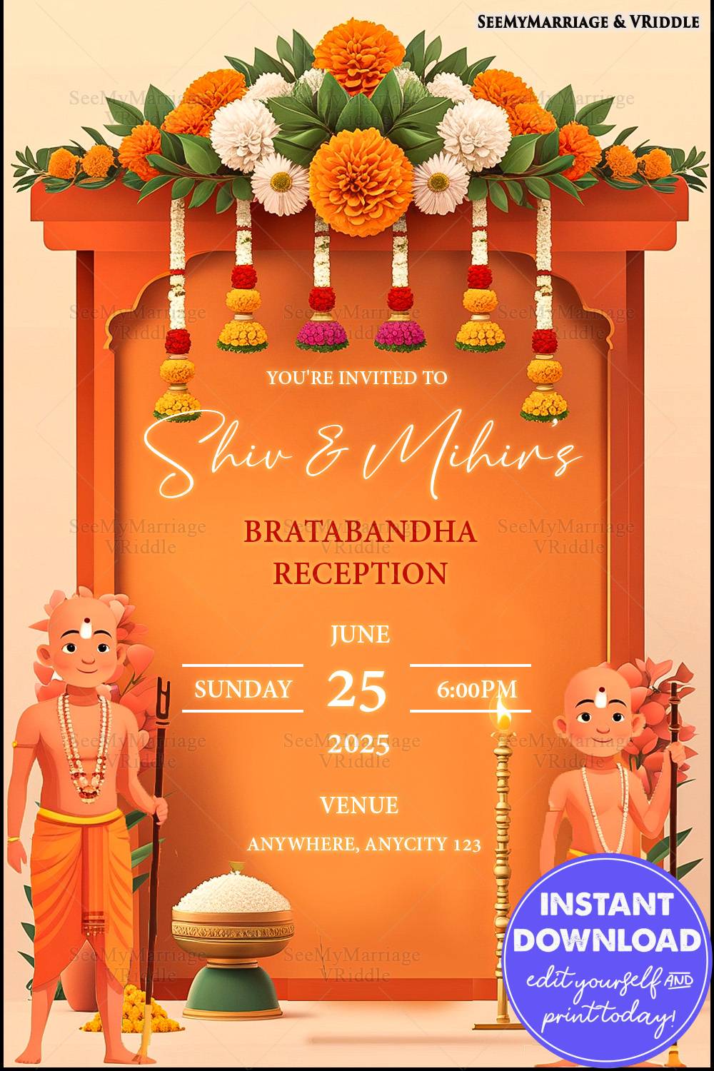 Orange-Themed Bratabandha Reception Invitation with Floral Garland, Sacred Elements, and Priest Illustrations