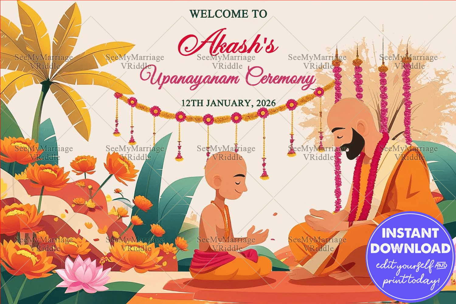 Orange-Themed Upanayanam Welcome Banner Lotus Blooms, Banana Trees and Sacred Priest-Boy Ritual Scene