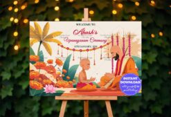 Orange-Themed Upanayanam Welcome Banner Lotus Blooms, Banana Trees and Sacred Priest-Boy Ritual Scene