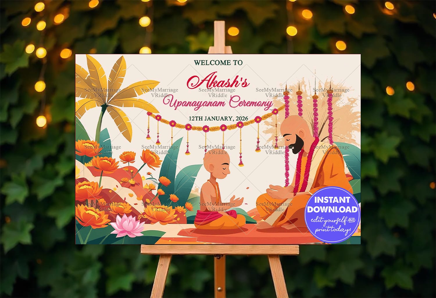 Orange-Themed Upanayanam Welcome Banner Lotus Blooms, Banana Trees and Sacred Priest-Boy Ritual Scene Mockup