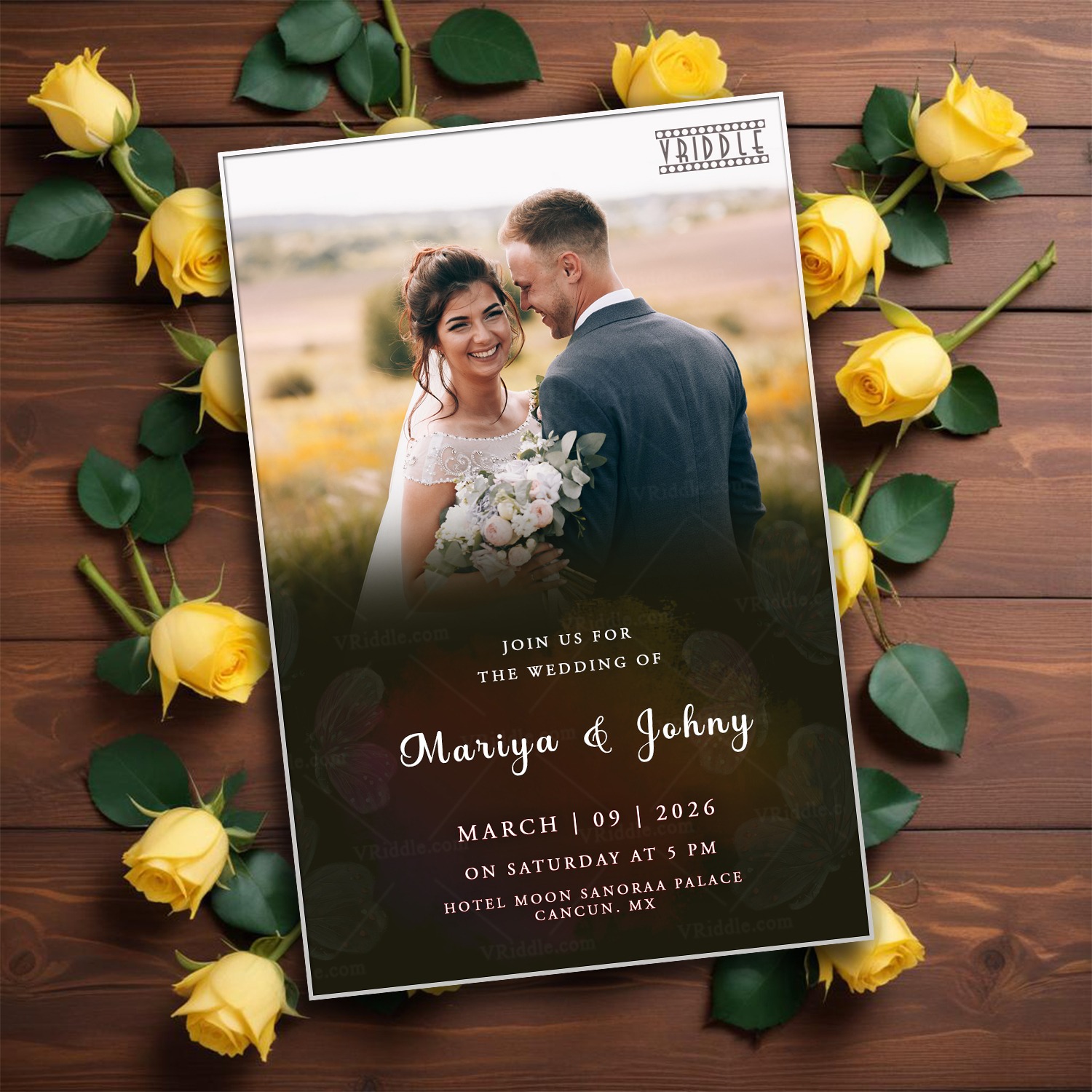 Outdoor Wedding Invitation with Romantic Smiling Couple Portrait and Natural Backdrop
