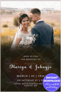 Outdoor Wedding Invitation with Romantic Smiling Couple Portrait and Natural Backdrop