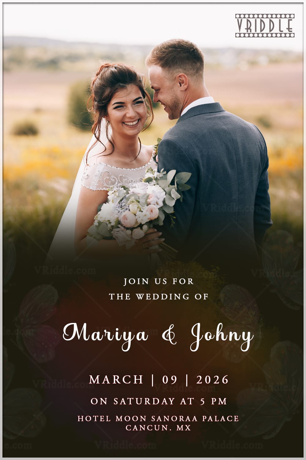 Outdoor Wedding Invitation with Romantic Smiling Couple Portrait and Natural Backdrop