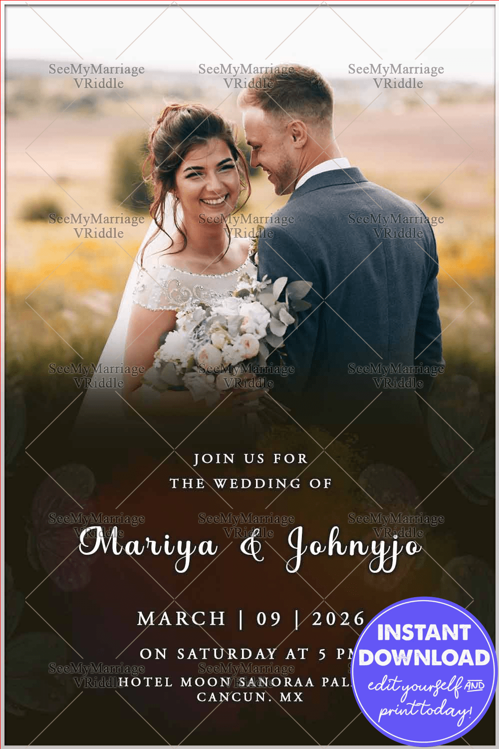 Outdoor Wedding Invitation with Romantic Smiling Couple Portrait and Natural Backdrop