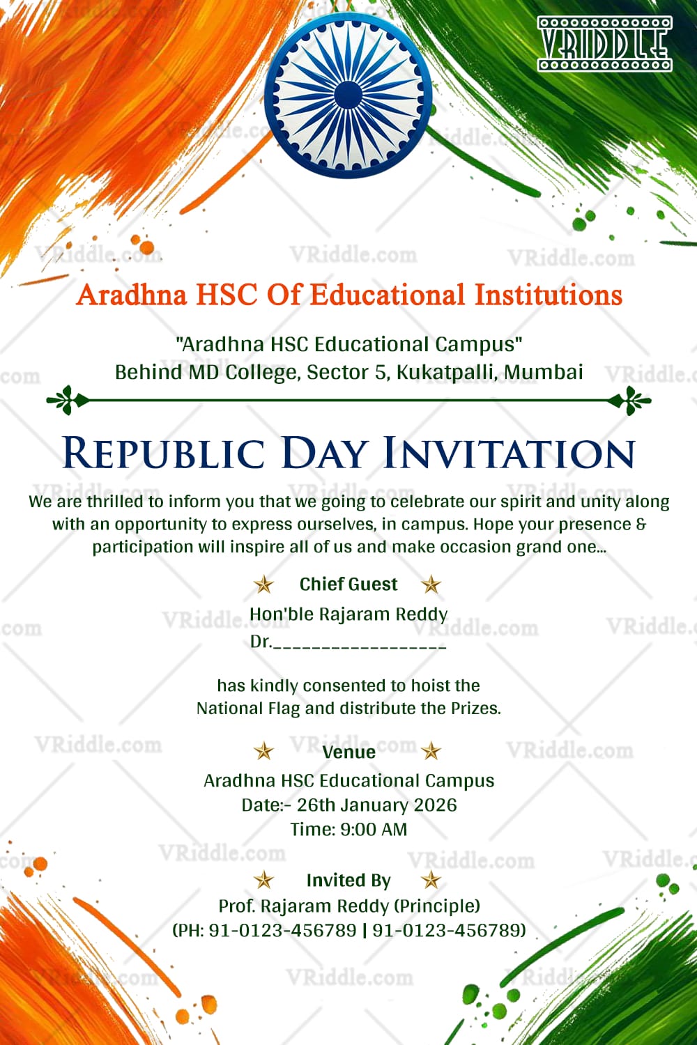 Patriotic Desigh Republic Day Invitation card with Flag Hoisting
