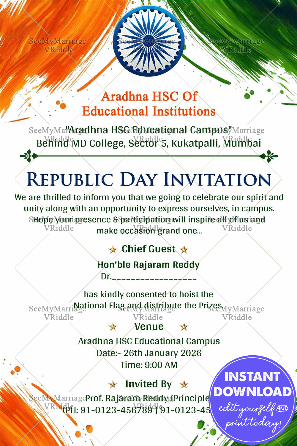 Patriotic Desigh Republic Day Invitation card with Flag Hoisting