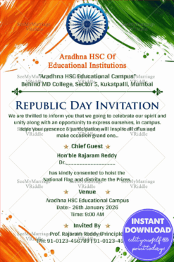 Patriotic Desigh Republic Day Invitation card with Flag Hoisting