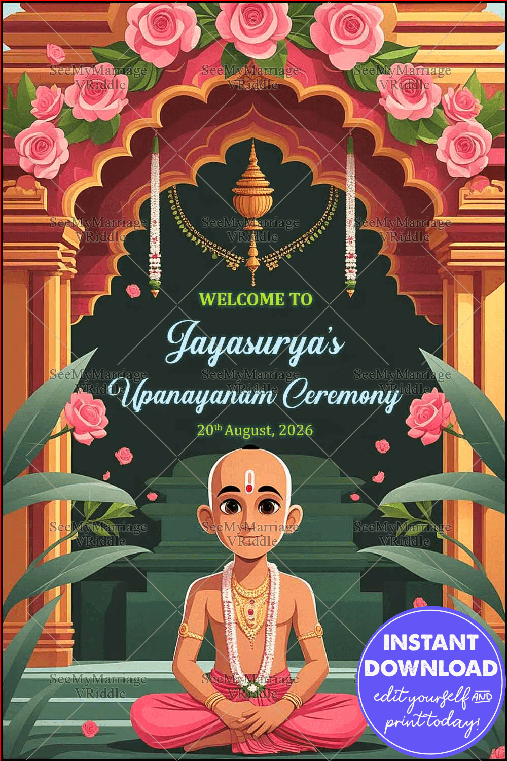 Pink Roses-Themed Thread Ceremony Invitation with Boy Illustration and Green and Gold Arch Motif