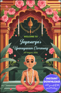 Pink Roses-Themed Thread Ceremony Invitation with Boy Illustration and Green and Gold Arch Motif