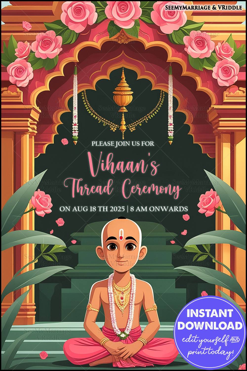 Pink Roses-Themed Thread Ceremony Invitation with Boy Illustration and Green and Gold Arch Motif