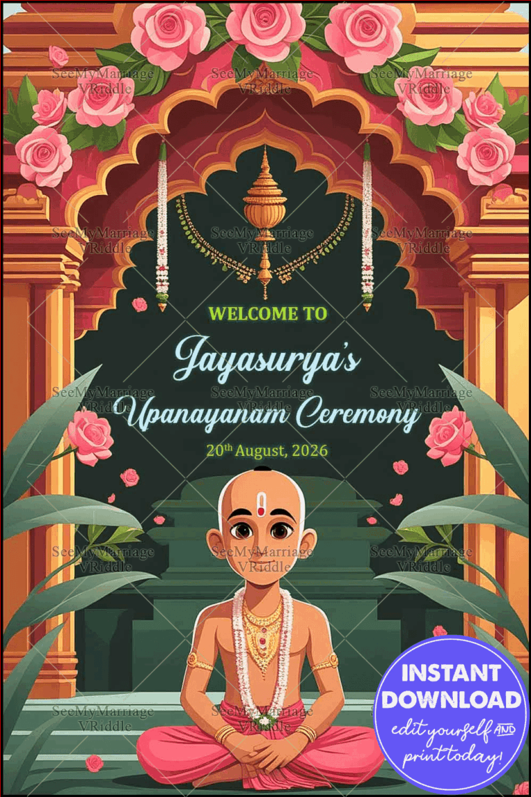 Pink Roses-Themed Thread Ceremony Invitation with Boy Illustration and Green and Gold Arch Motif