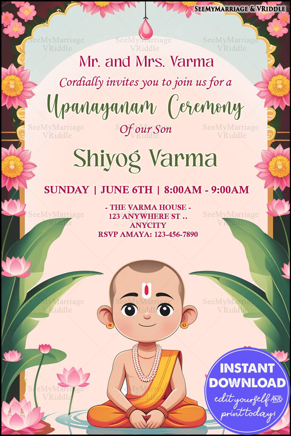 Pink-Themed Upanayanam Ceremony Invitation with Florals, Lotus Pond and Green Leaves Accents