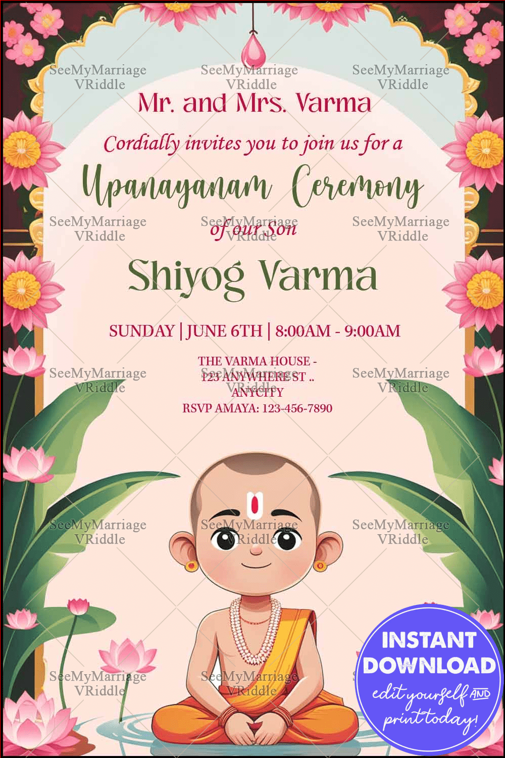 Pink-Themed Upanayanam Ceremony Invitation with Florals, Lotus Pond and Green Leaves Accents