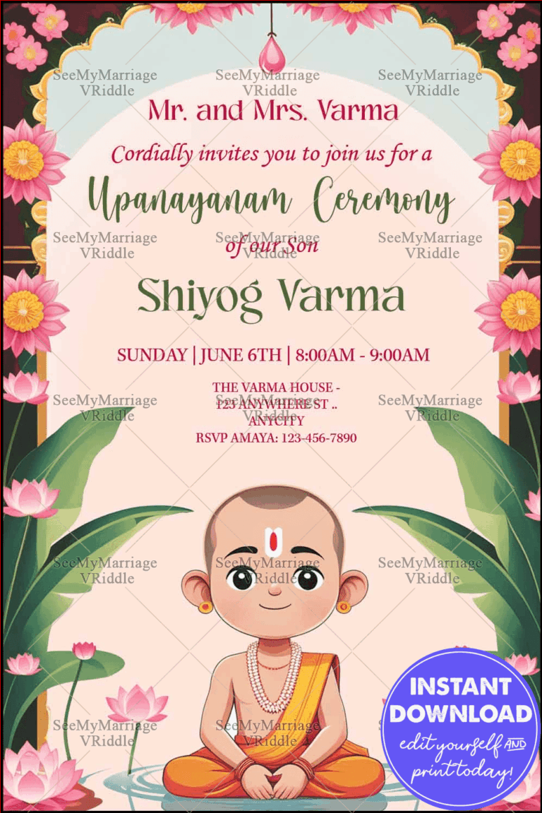 Pink-Themed Upanayanam Ceremony Invitation with Florals, Lotus Pond and Green Leaves Accents