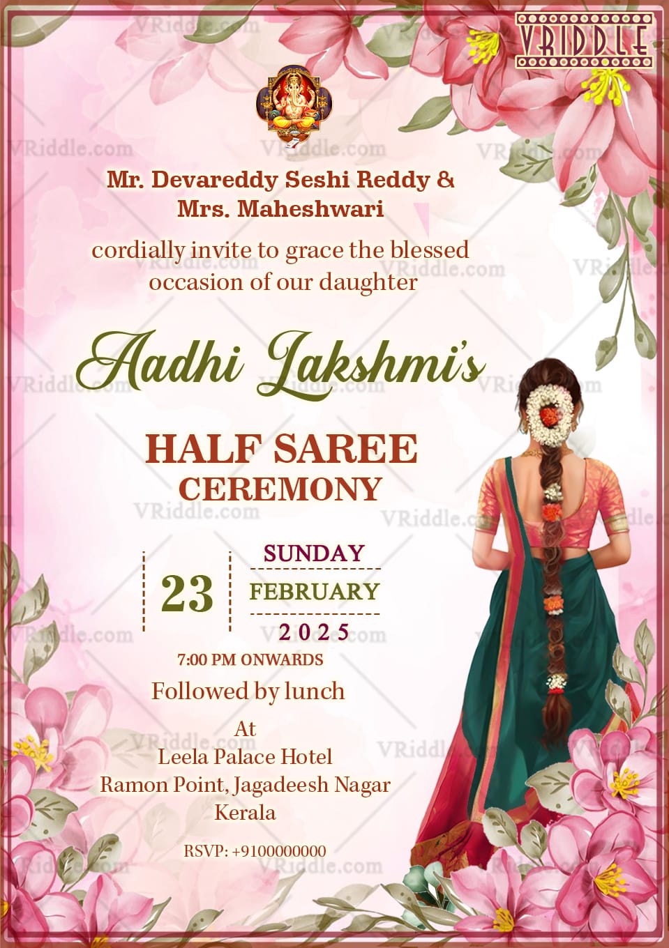 Floral Elegance Half Saree Ceremony Invitation Card with Traditional Design and Ganesha Motif