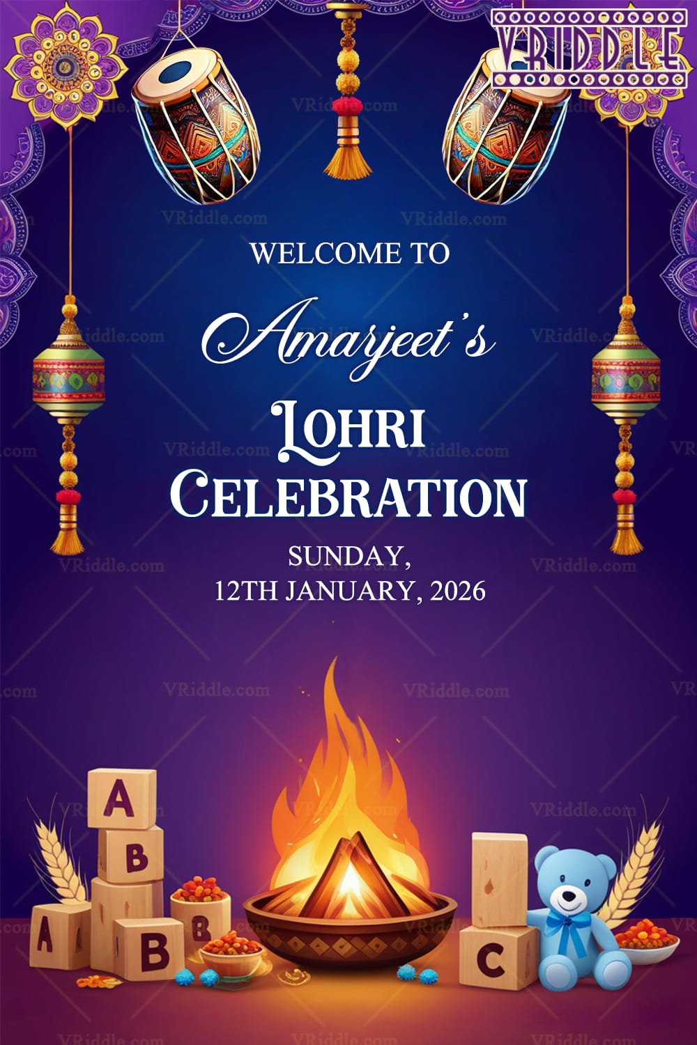 Playful Lohri Poster with Blocks, Teddy Bear and Bonfire