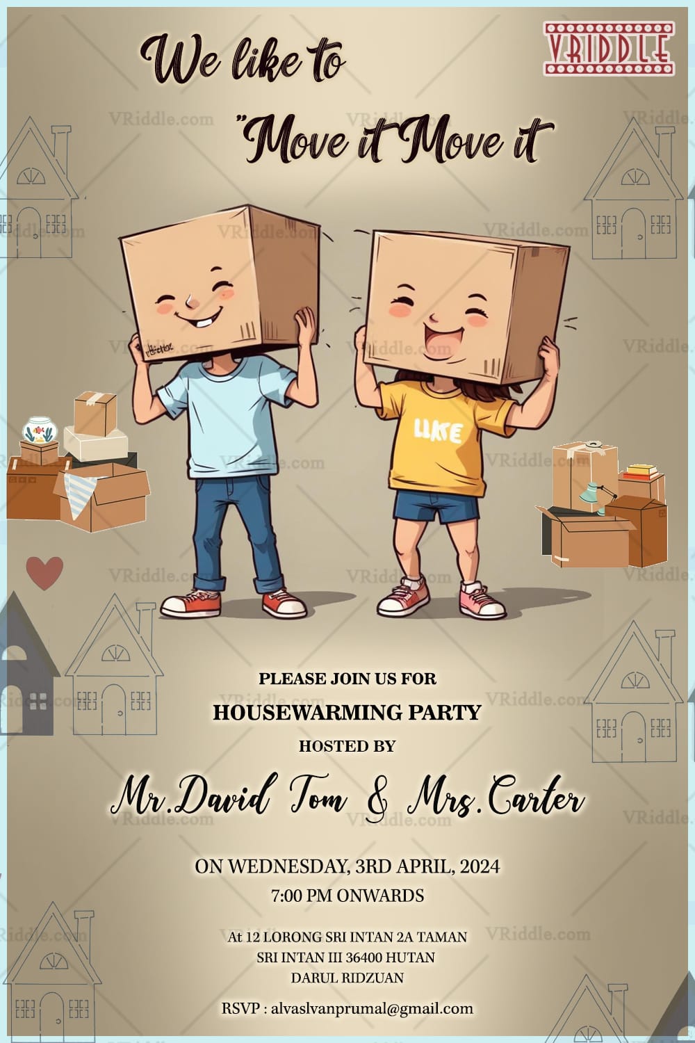 Playful Moving Announcement Card with Cute Box Head Characters